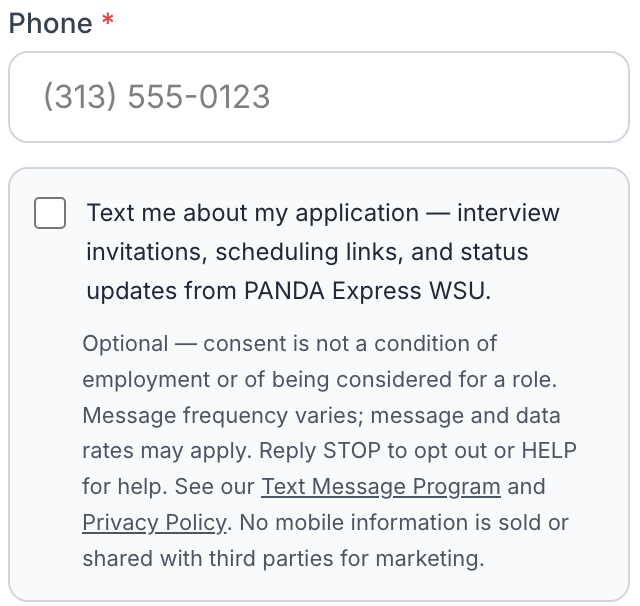 Application form Step 1 showing a phone field and an unchecked consent checkbox reading "Text me about my application — interview invitations, scheduling links, and status updates from PANDA Express WSU", followed by the full disclosure text.