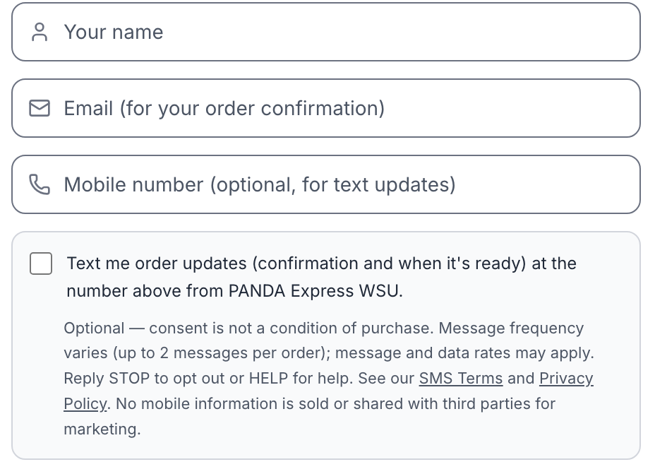 Order Ahead checkout showing an optional mobile number field and an unchecked consent checkbox reading "Text me order updates (confirmation and when it's ready) at the number above from PANDA Express WSU", followed by the full disclosure text.