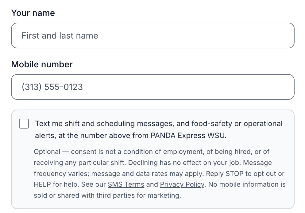 Staff opt-in form at pandawsu.com/sms/staff showing a mobile number field and an unchecked consent checkbox reading "Text me shift and scheduling messages, and food-safety or operational alerts, at the number above from PANDA Express WSU", followed by the full disclosure text.